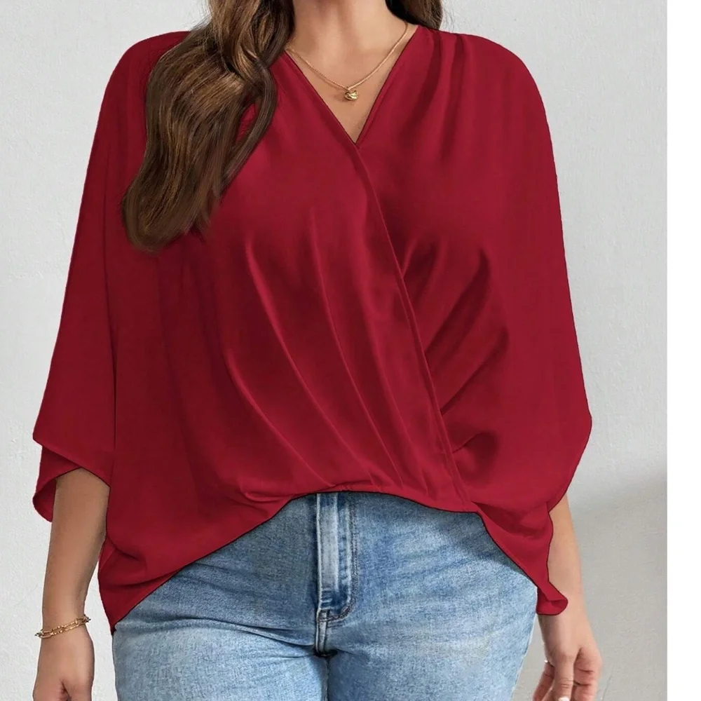 Plus Sold Ruched Batwing Sleeve High Low Blouse - Picture 1 of 9